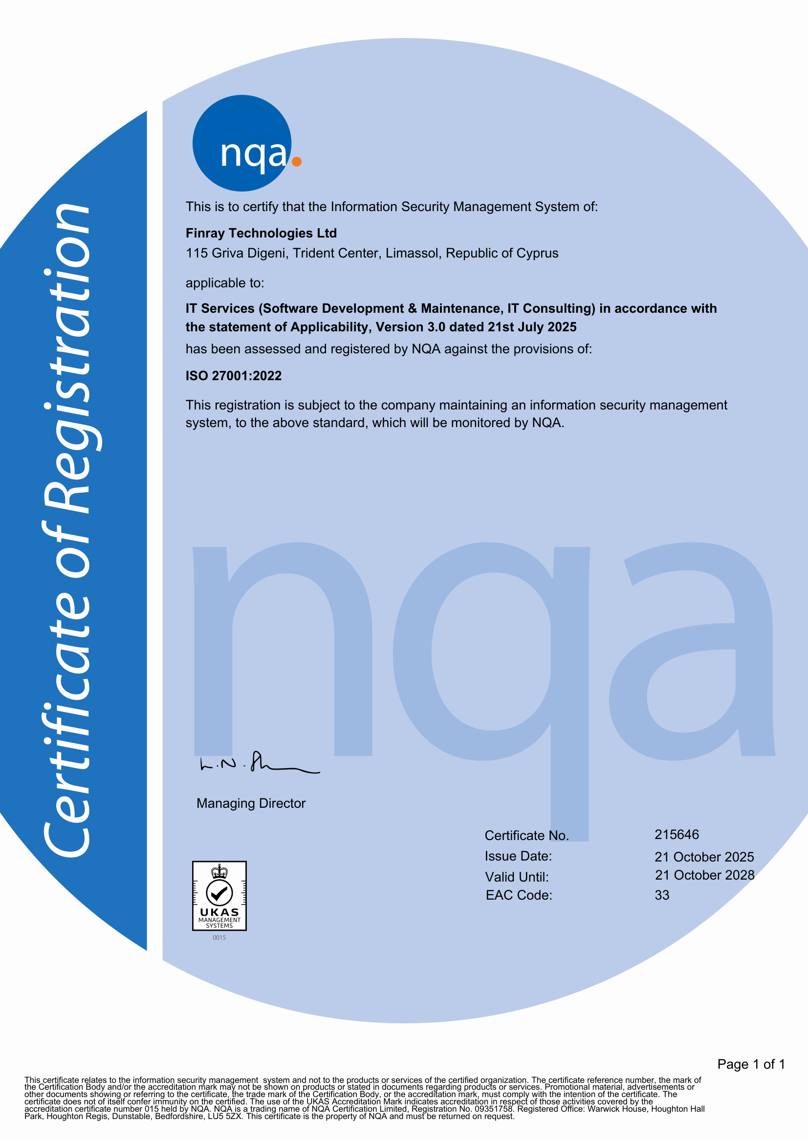 ISO/IEC 27001:2022 Certificate of Registration issued by NQA to Finray Technologies Ltd, certificate number 215646, valid 21 October 2025 to 21 October 2028